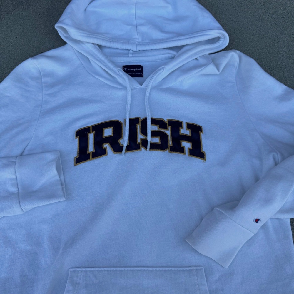 Champion Notre Dame Irish Hoodie White Pullover Sweatshirt XL Navy Gold Logo